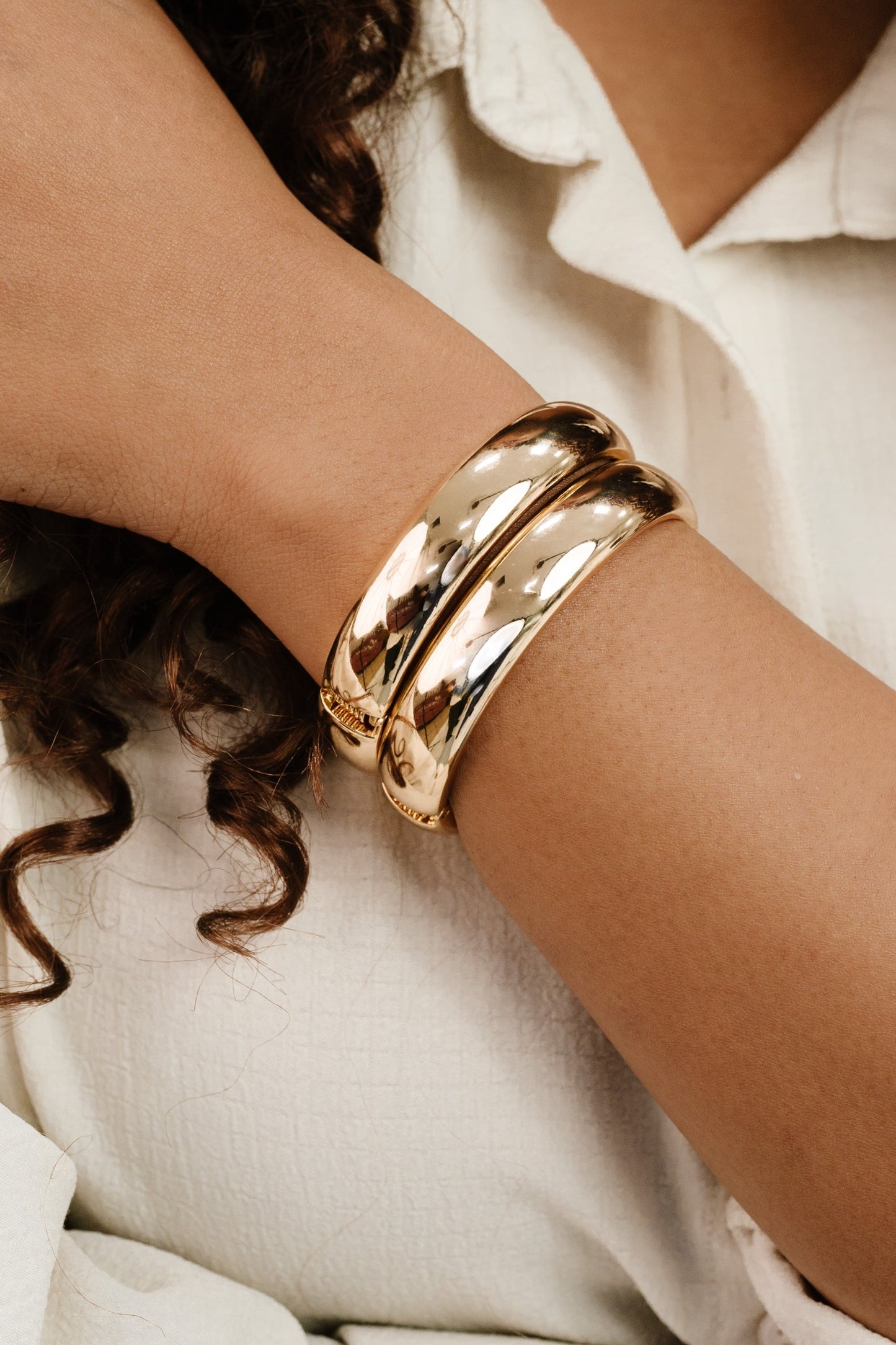 Simple Stackable Bangle Bracelet Set in gold on model