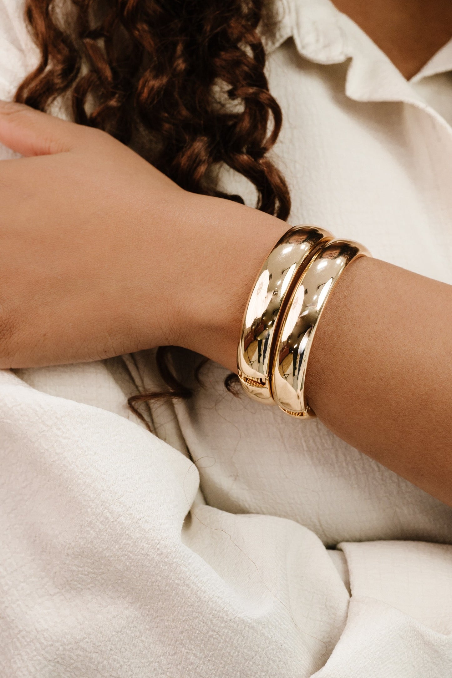 Simple Stackable Bangle Bracelet Set in gold on model 3