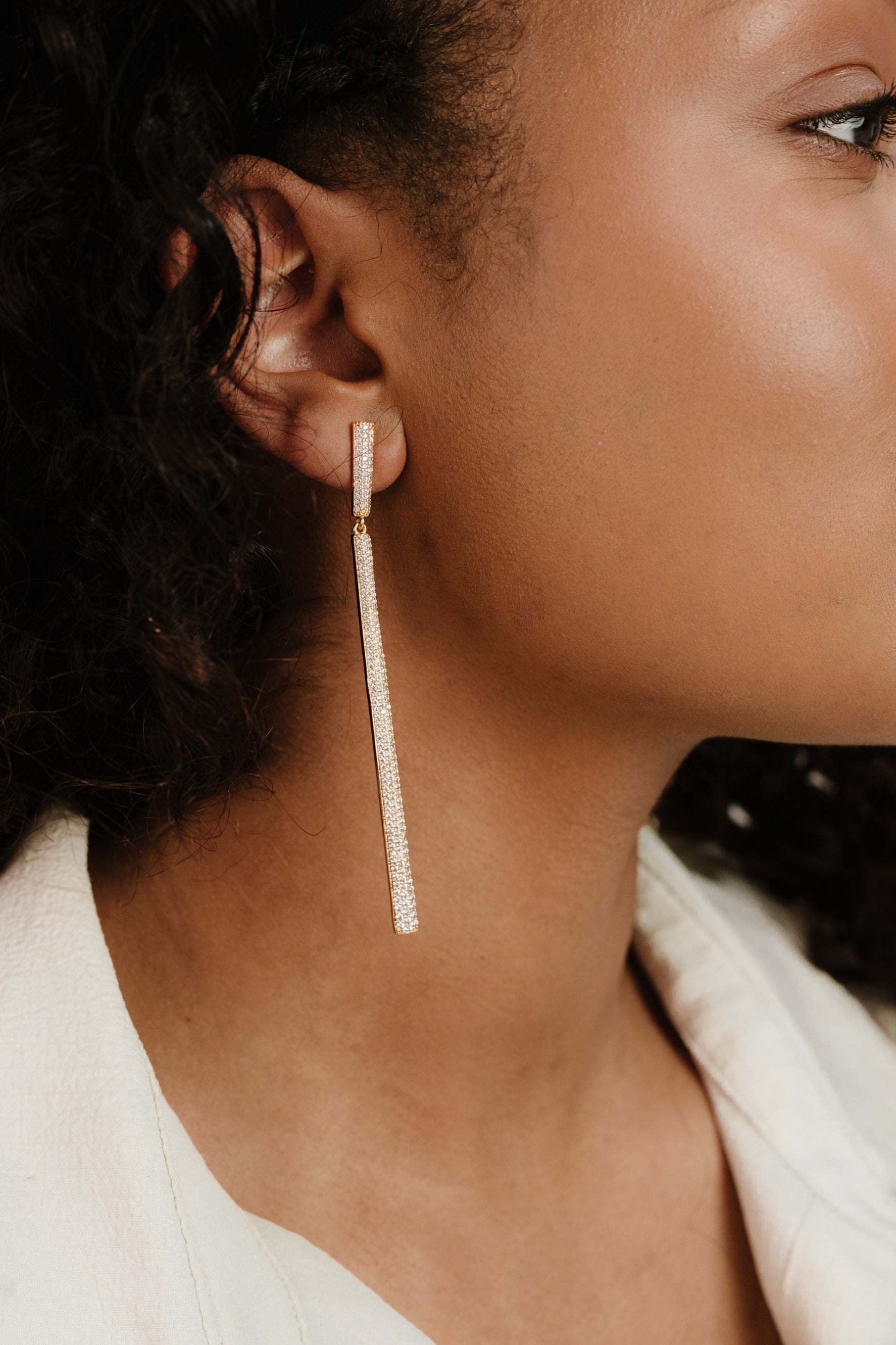 Straight Drop Crystal Dangle Earrings on model