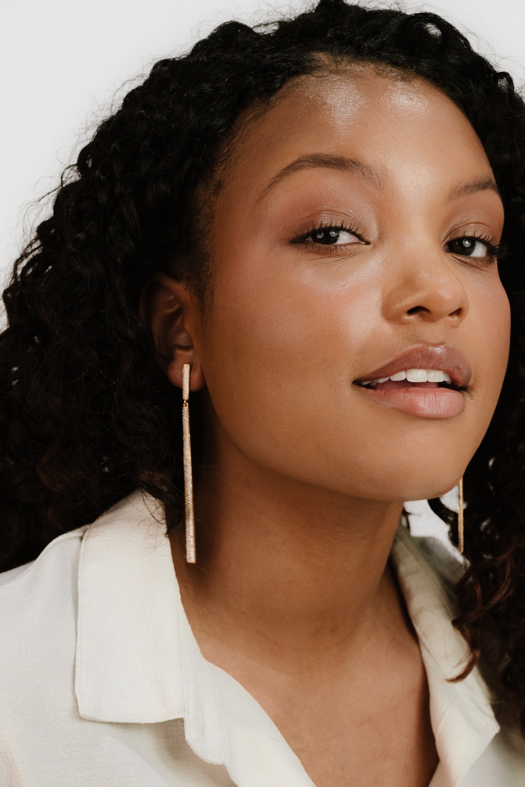 Straight Drop Crystal Dangle Earrings on model 2