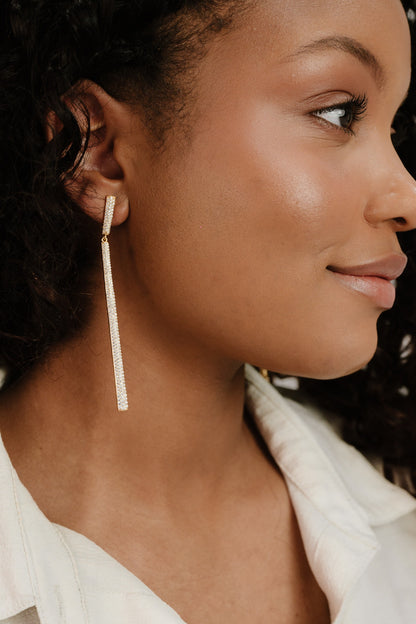 Straight Drop 18k Gold Plated Crystal Dangle Earrings on model 3