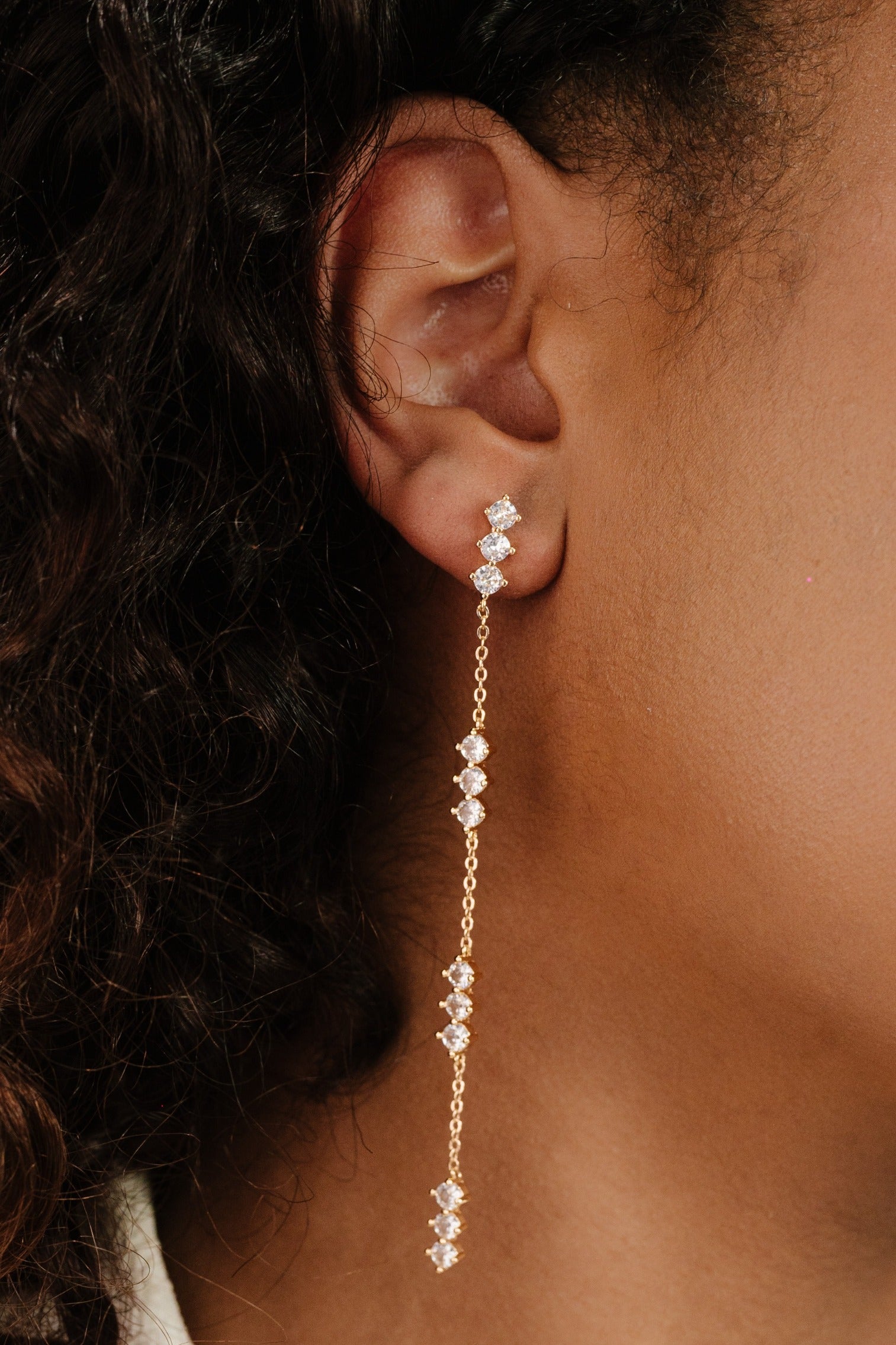 Linear Crystal Drop Earrings on model