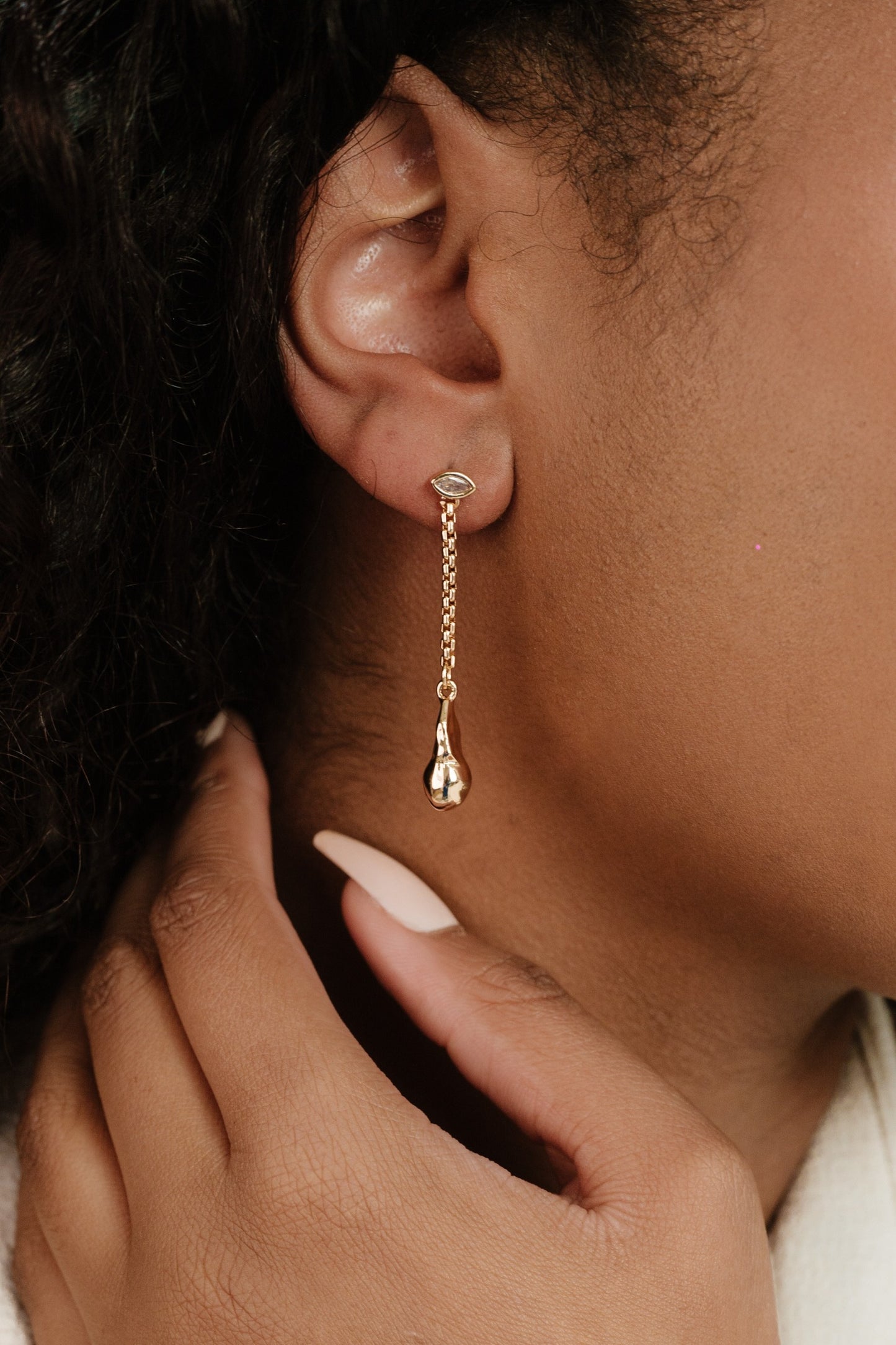 Drop Chain Hammered Earring on model