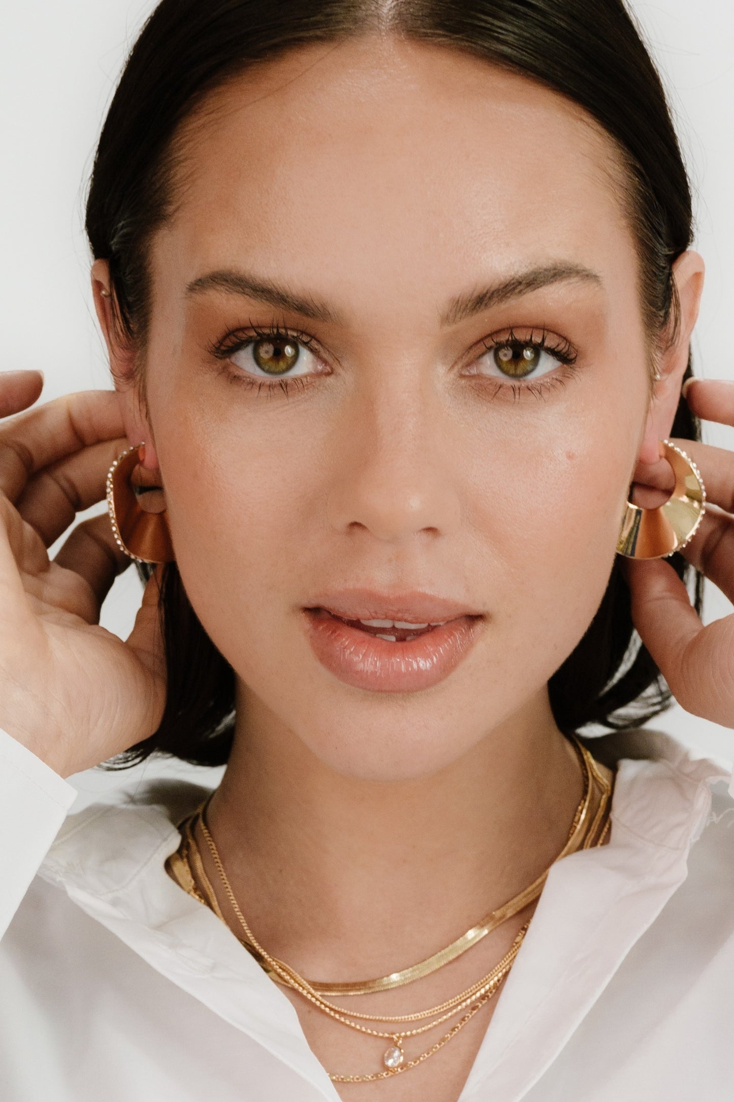 Ripple Pave 18k Gold Plated Hoops on model 4