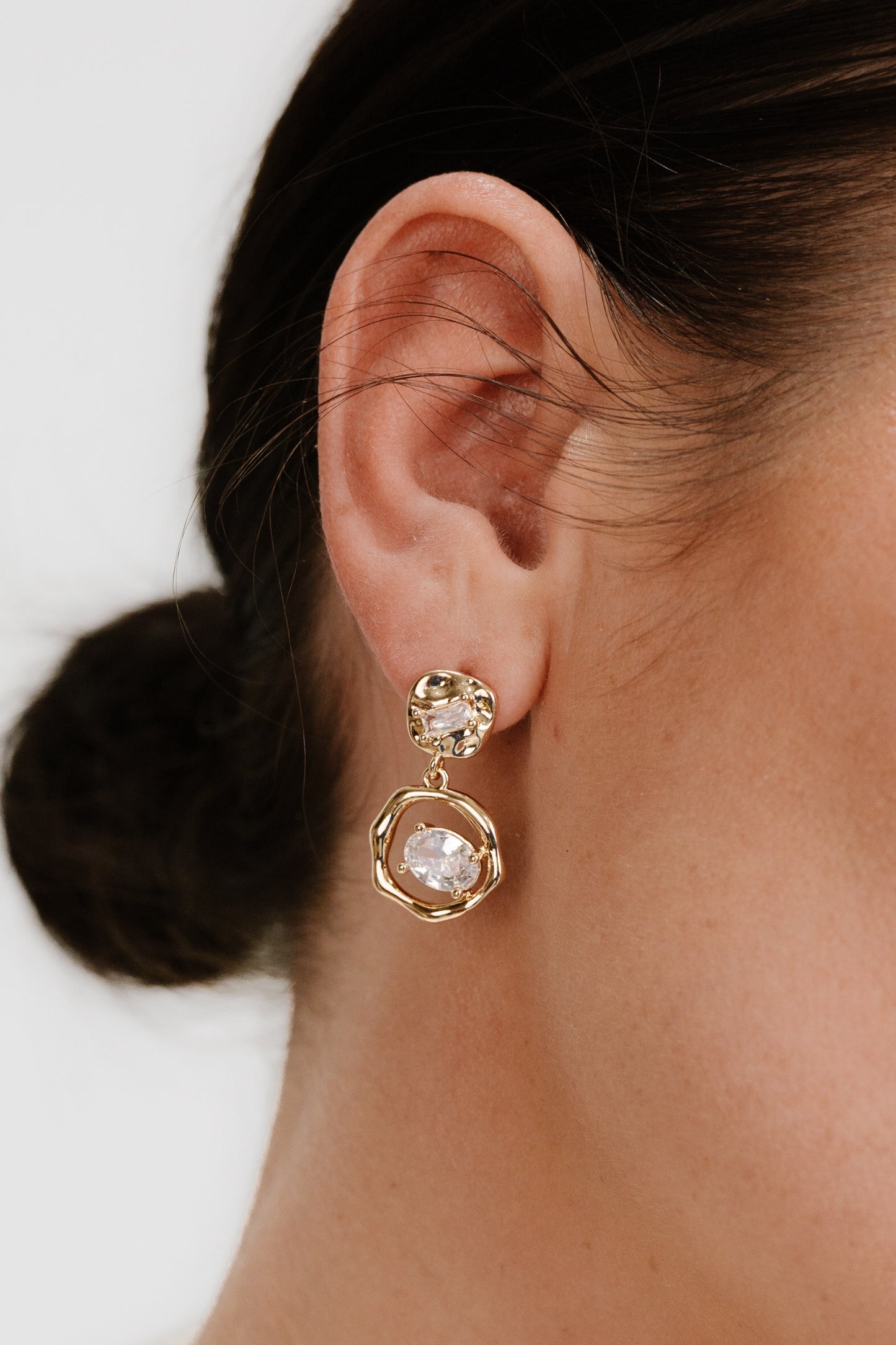 Organic Shape 18k Gold Plated Crystal Earrings on model 1