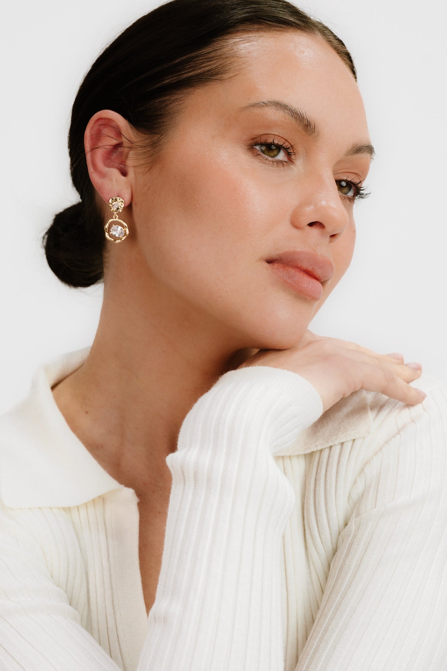 Organic Shape 18k Gold Plated Crystal Earrings on model 2
