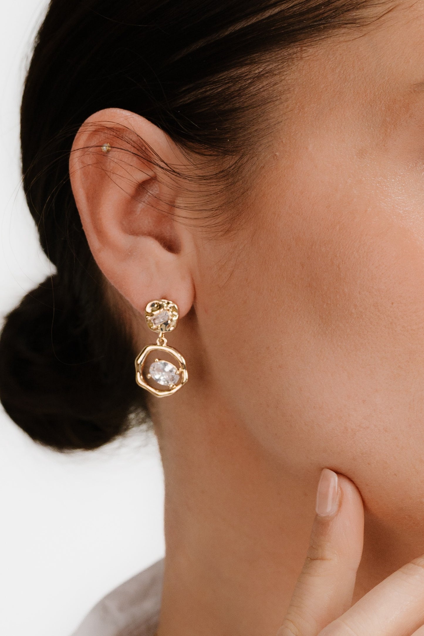 Organic Shape Crystal Earrings on model 4