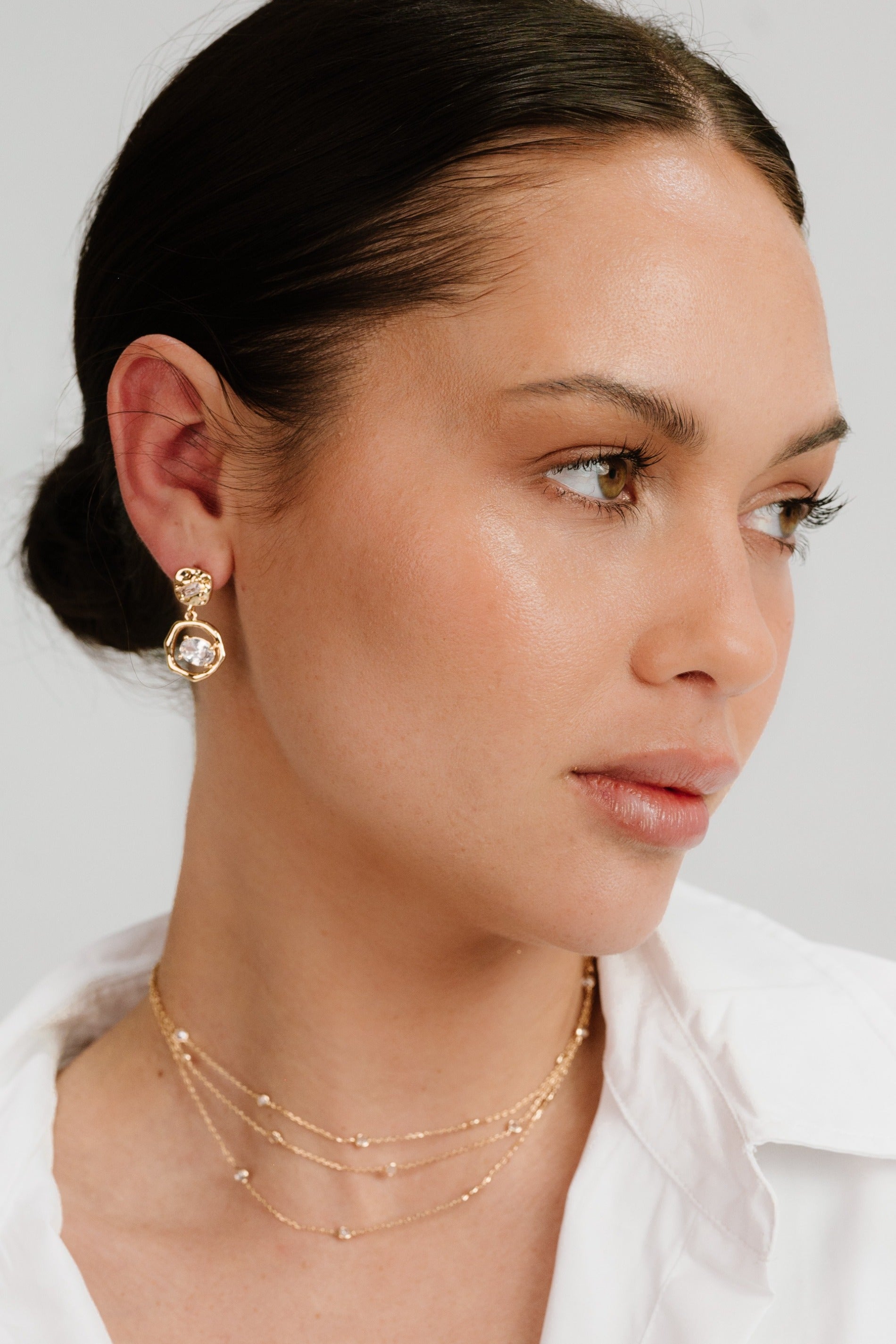 Organic Shape 18k Gold Plated Crystal Earrings on model 3