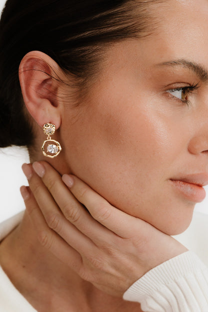 Organic Shape 18k Gold Plated Crystal Earrings on model 5