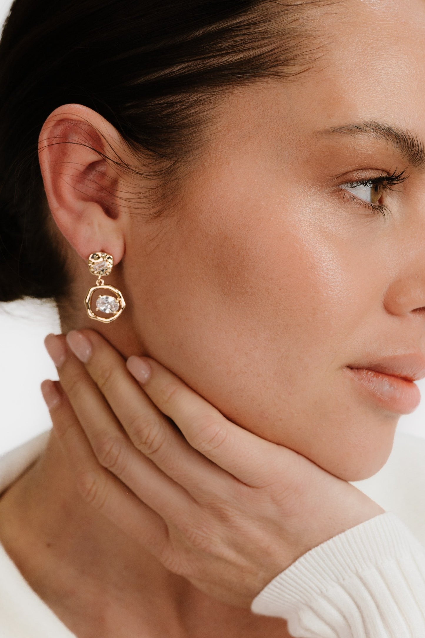 Organic Shape Crystal Earrings on model 5