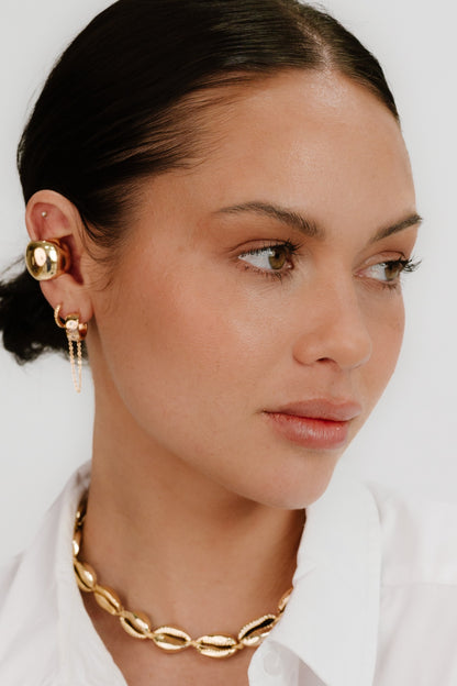 Double Piercing Bezel Crystal Dangle Earrings on model 2