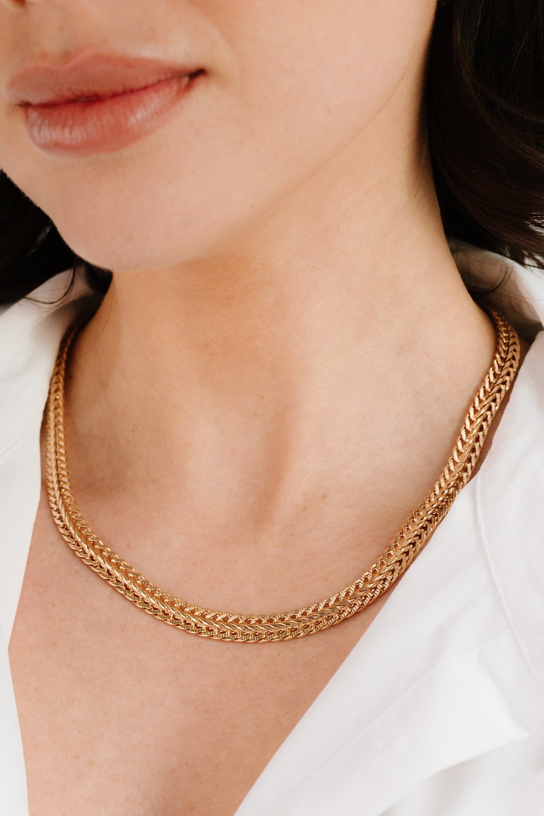 Woven 18k Gold Plated Chain Necklace on model 2