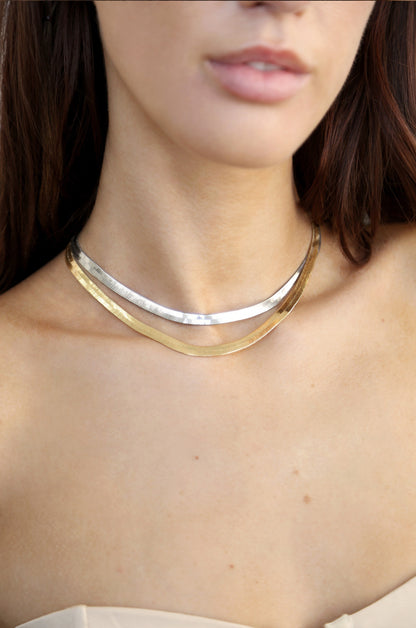 Brooklyn Flat Herringbone Chain Necklace in mixed metal on model 