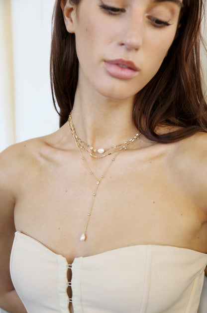 Forever Star Fall 18k Gold Plated Multi-Chain Choker in pearl on model