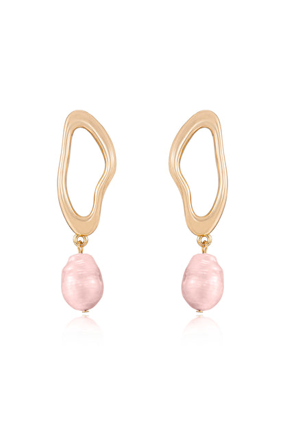 Open Circle 18k Gold Plated and Freshwater Pearl Dangle Earrings in pink