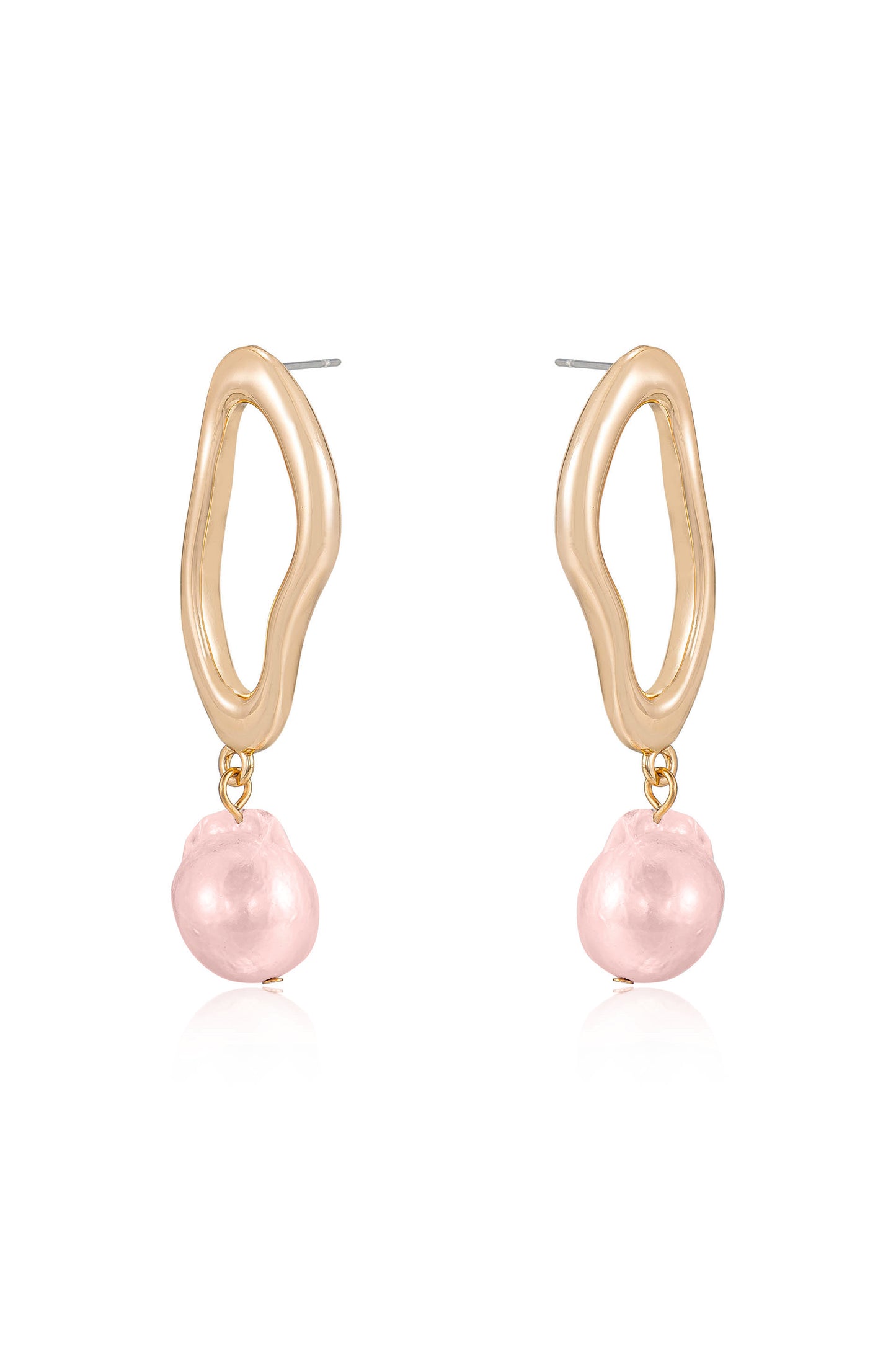 Open Circle 18k Gold Plated and Freshwater Pearl Dangle Earrings in pink pearl side view
