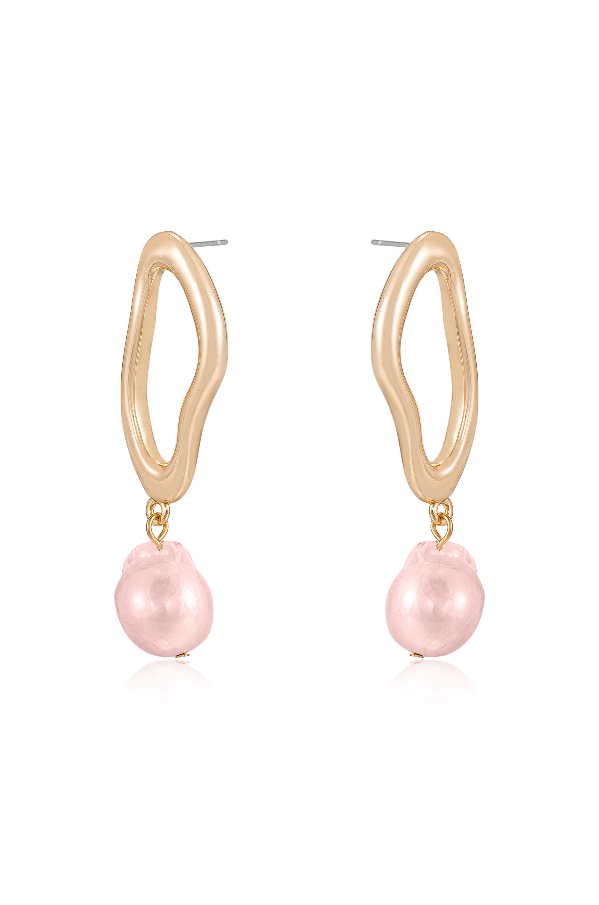 Open Circle 18k Gold Plated and Freshwater Pearl Dangle Earrings in pink pearl side view