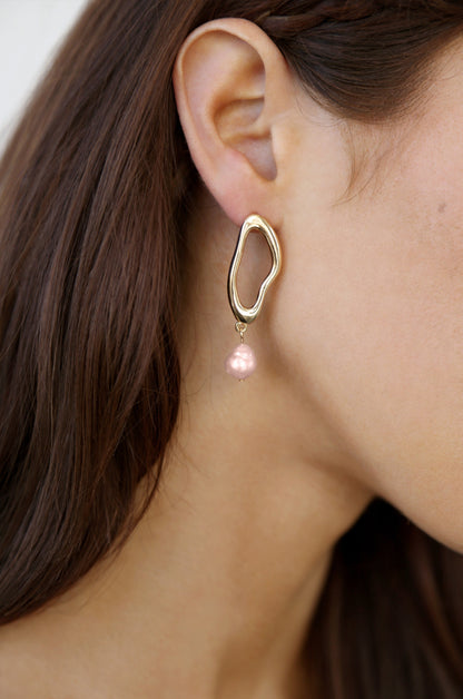Open Circle 18k Gold Plated and Freshwater Pearl Dangle Earrings in pink on model