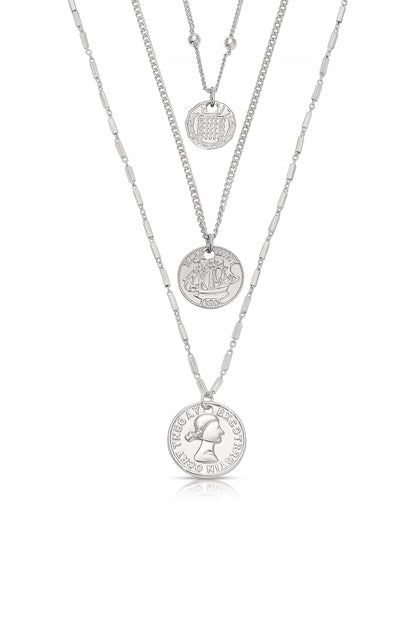 Three Coins Necklace Set in rhodium