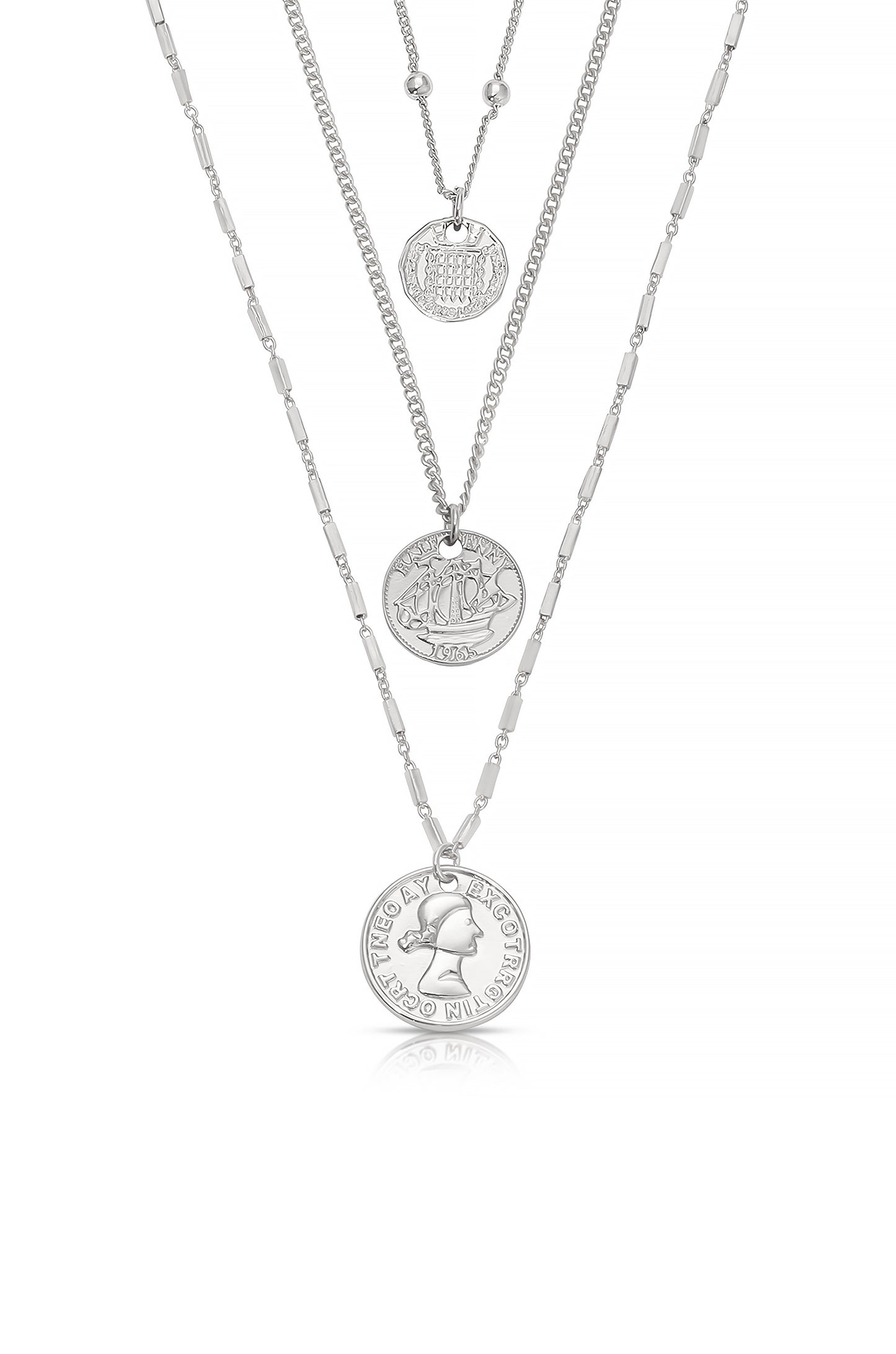 Three Coins Necklace Set in rhodium