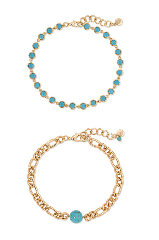 Turquoise Link and Bead Anklet Set