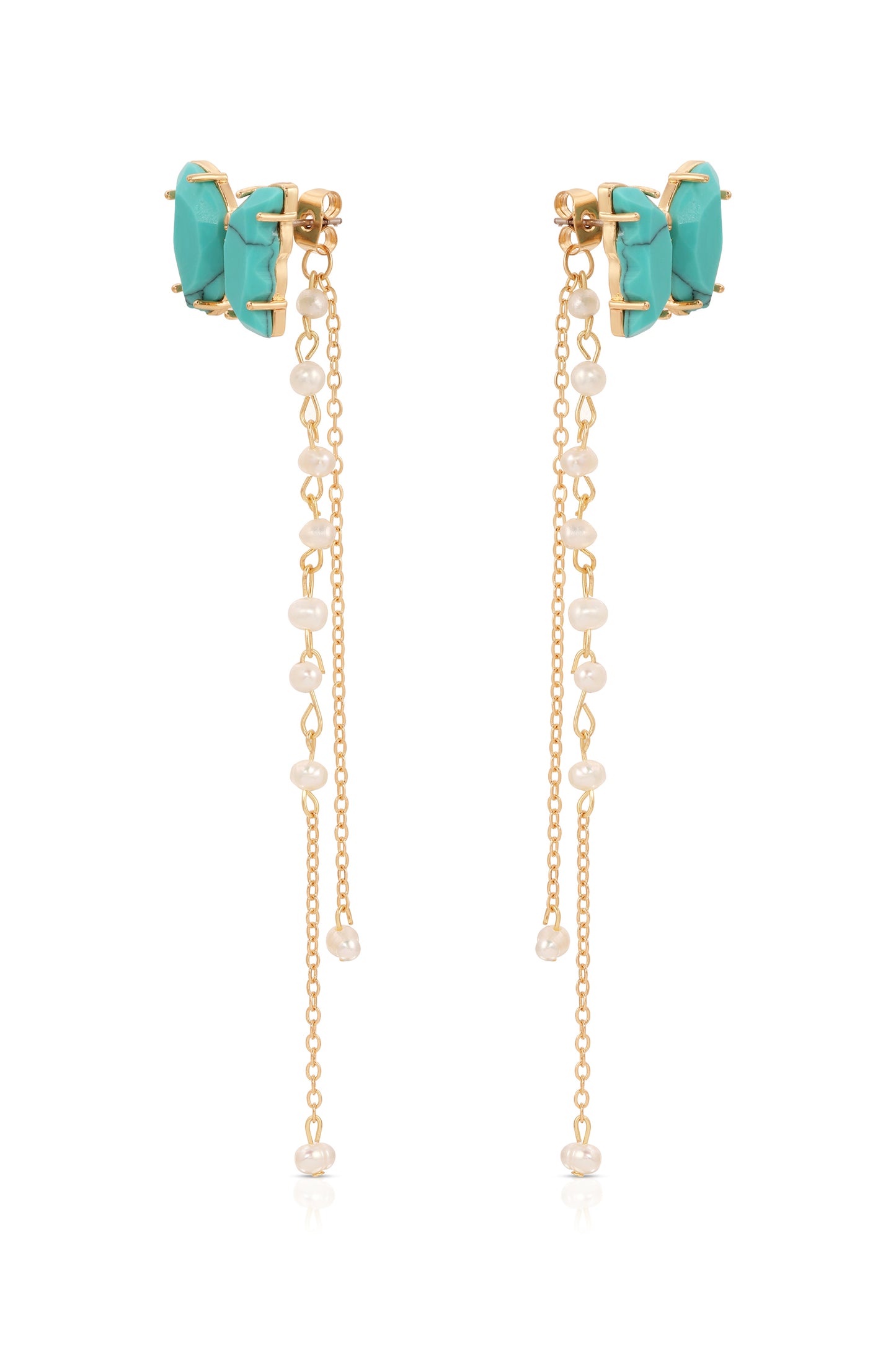 Turquoise Butterfly Pearl Chain Dangle Earrings side 