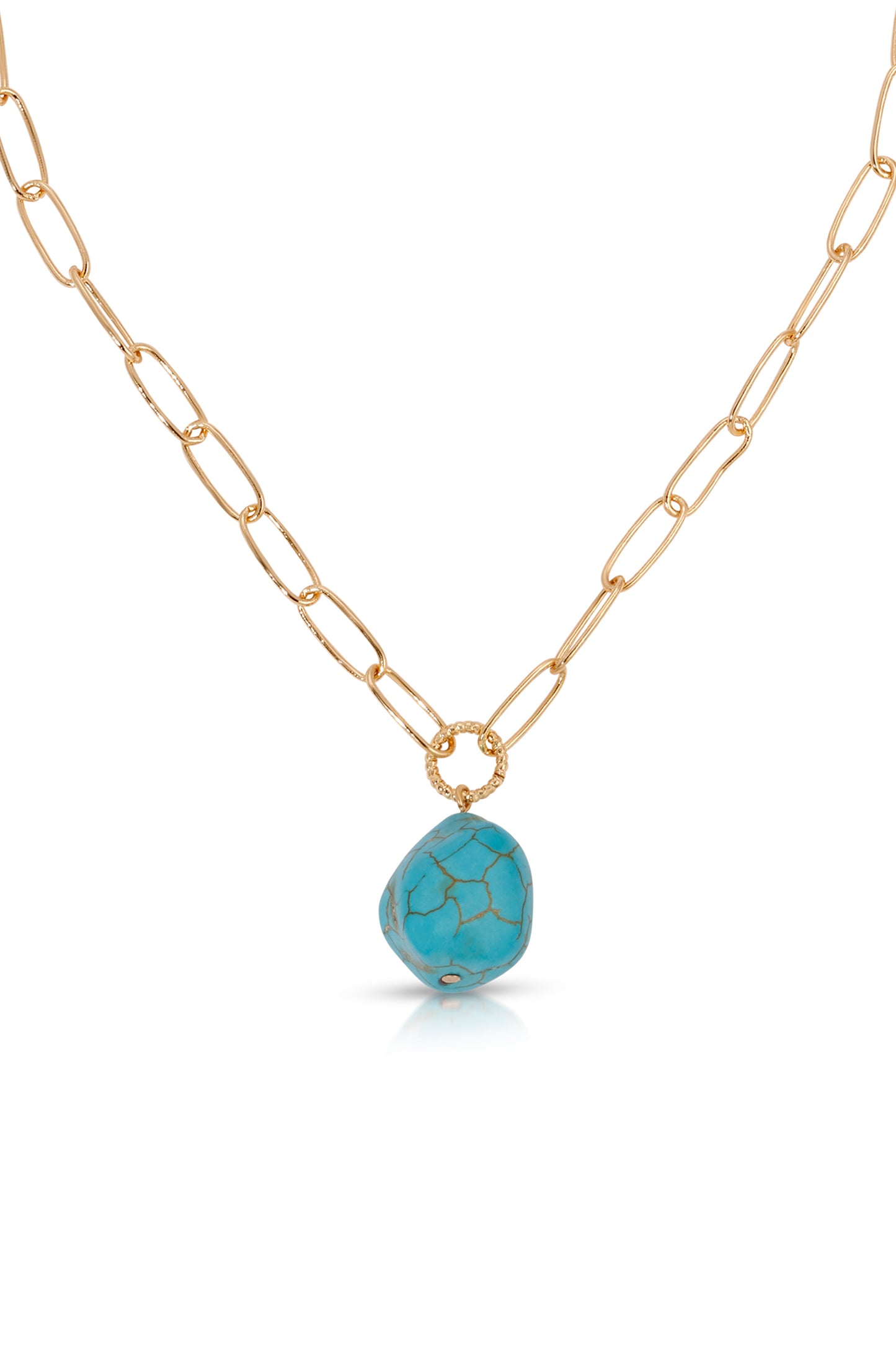 Single Pearl Open Links 18k Gold Plated Chain Necklace in turquoise close up