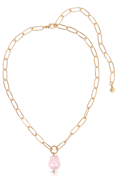 Single Pearl Open Links 18k Gold Plated Chain Necklace in pink pearl full