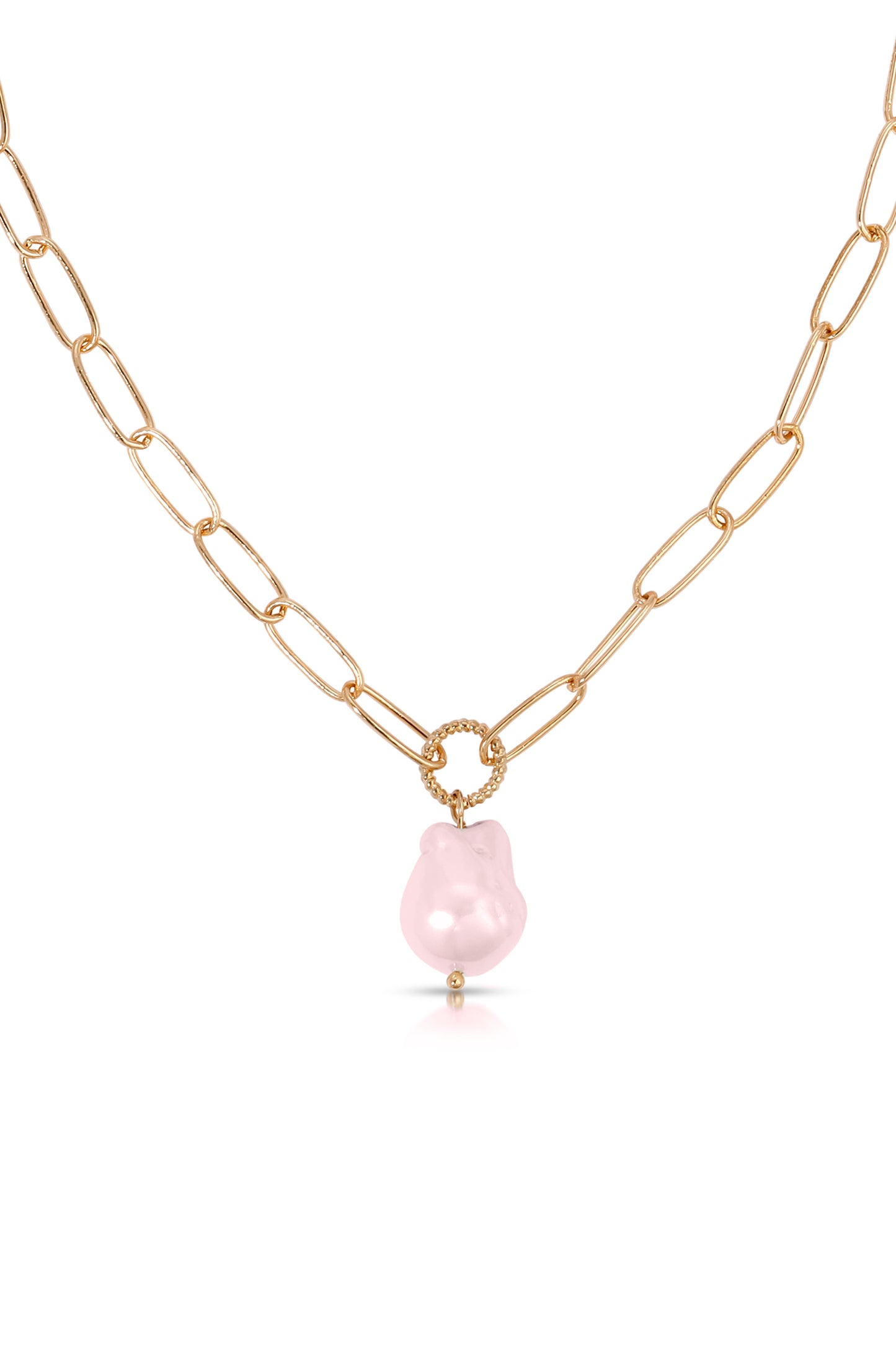 Single Pearl Open Links 18k Gold Plated Chain Necklace in pink pearl close up