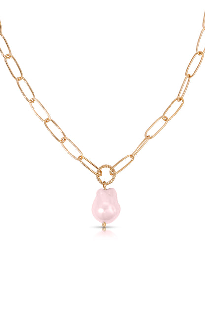 Single Pearl Open Links 18k Gold Plated Chain Necklace in pink pearl close up