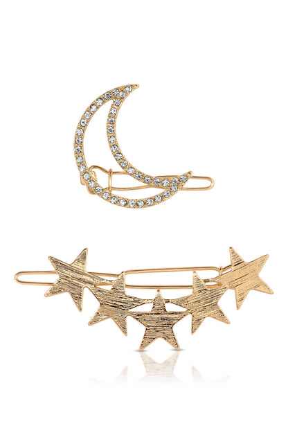 Stars and Moon Set of 2 Hair Barrettes in Gold