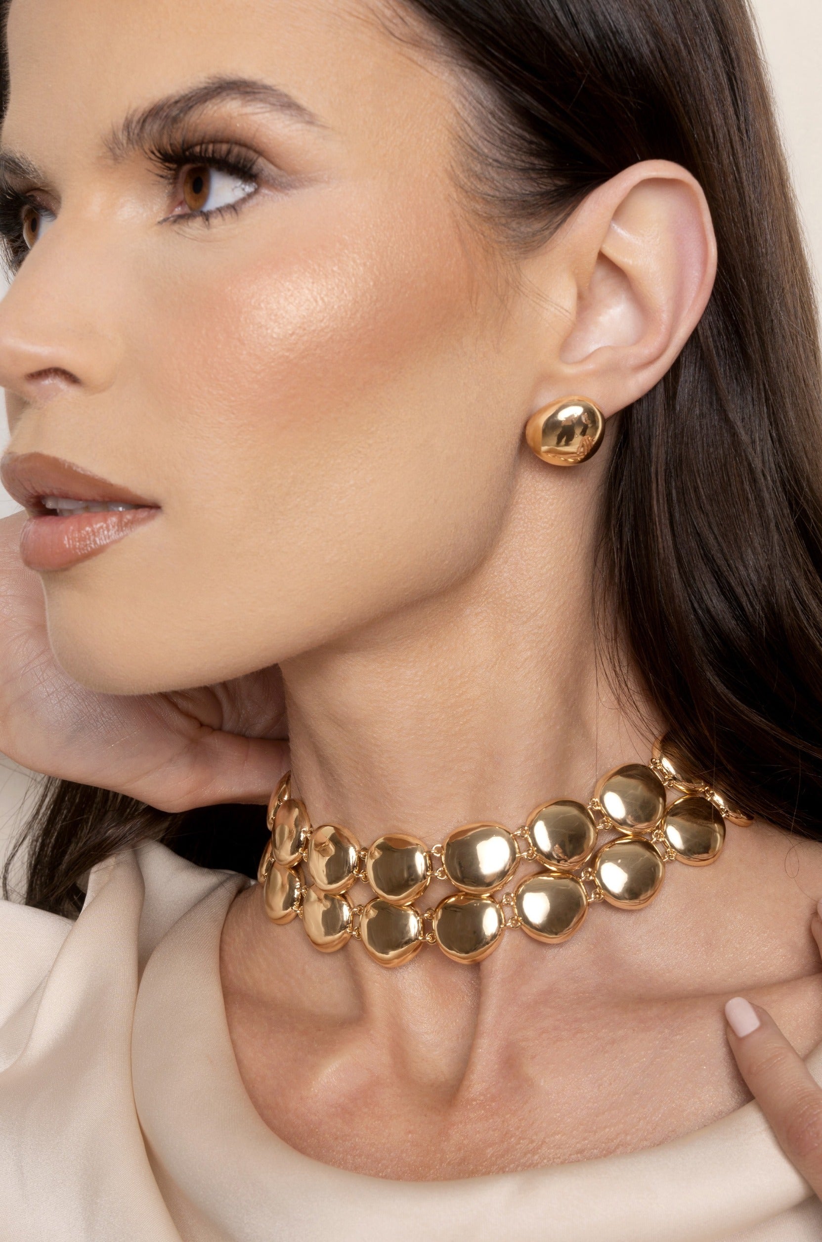 Polished Pebble Stud Earrings on model 3
