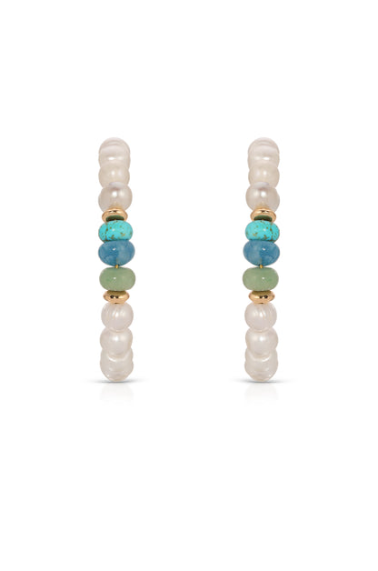 Beach Day Pearl and Blue Gemstone Hoop Earrings front