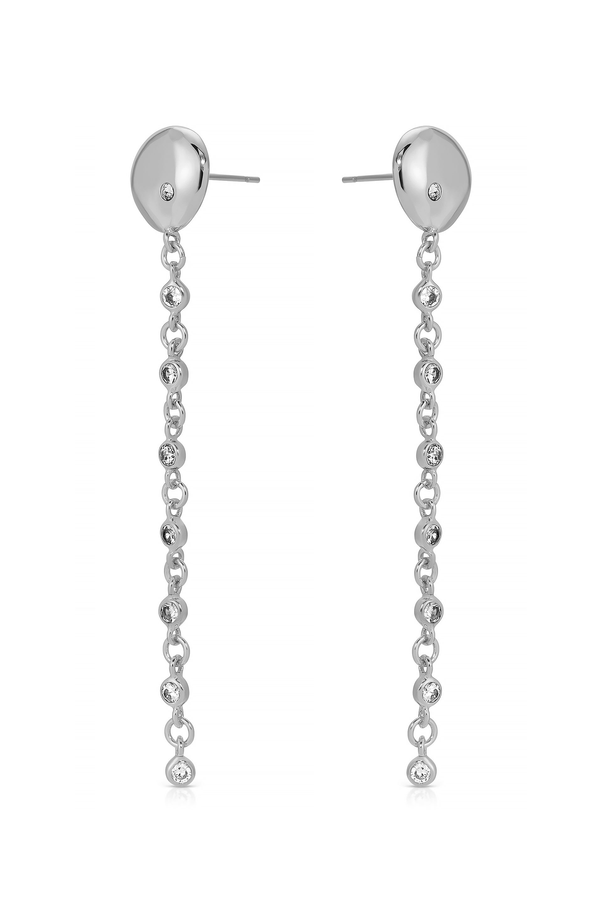 Polished Pebble Linear Crystal Chain Drop Earrings in rhodium side