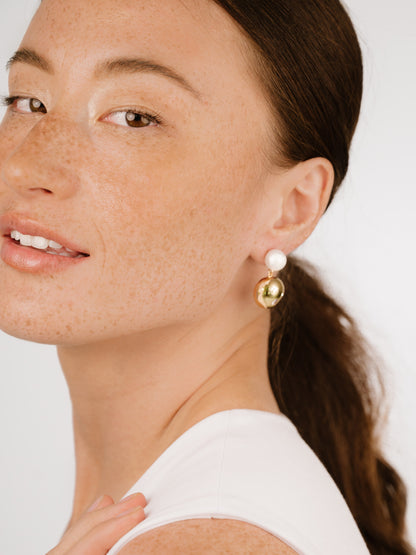 Statement Pebble and Pearl Dangle Earrings on model 3
