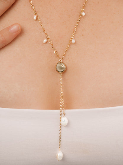 Pebble and Freshwater Pearl Lariat Necklace on model 2