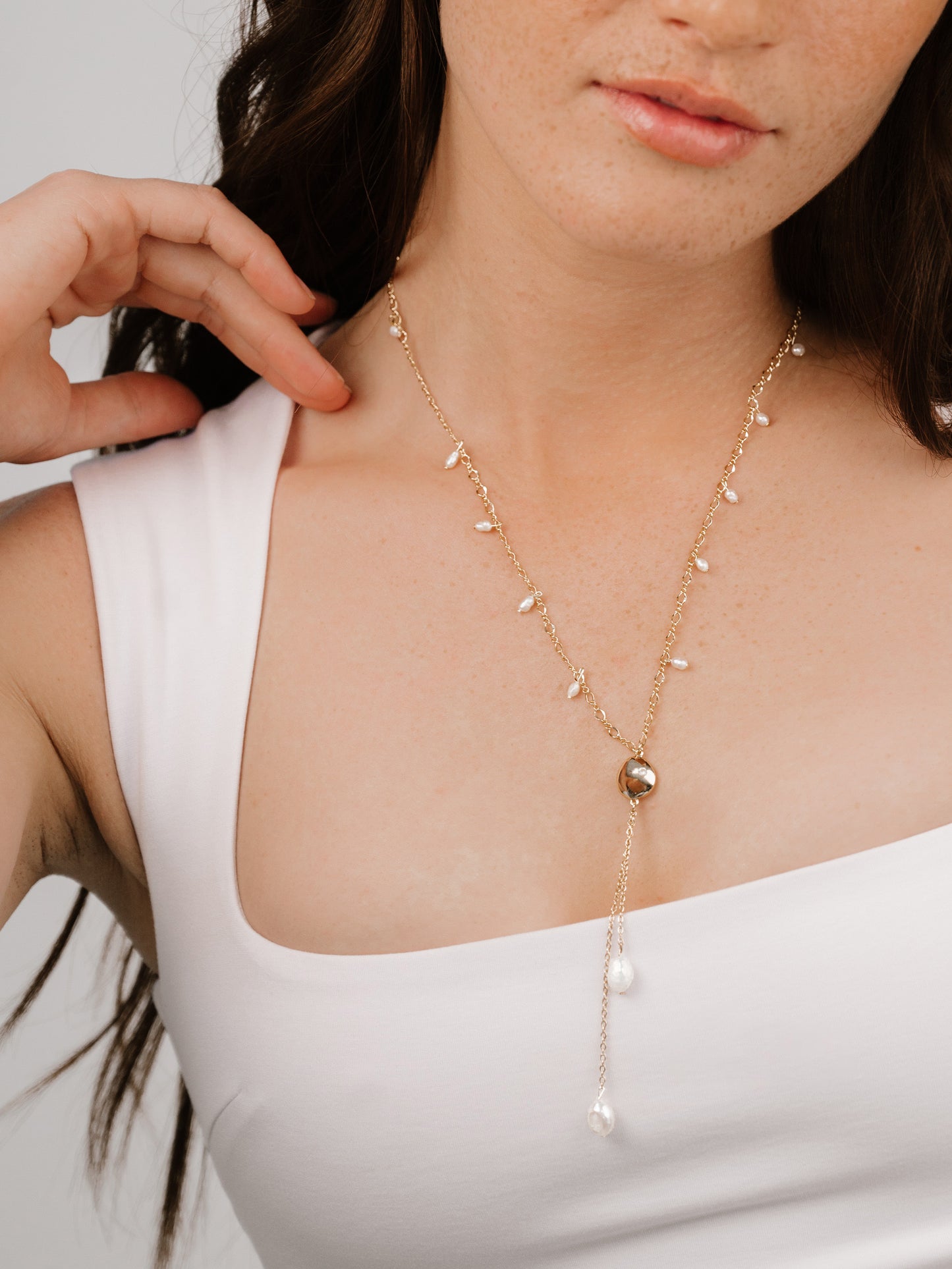 Pebble and Freshwater Pearl Lariat Necklace on model 3