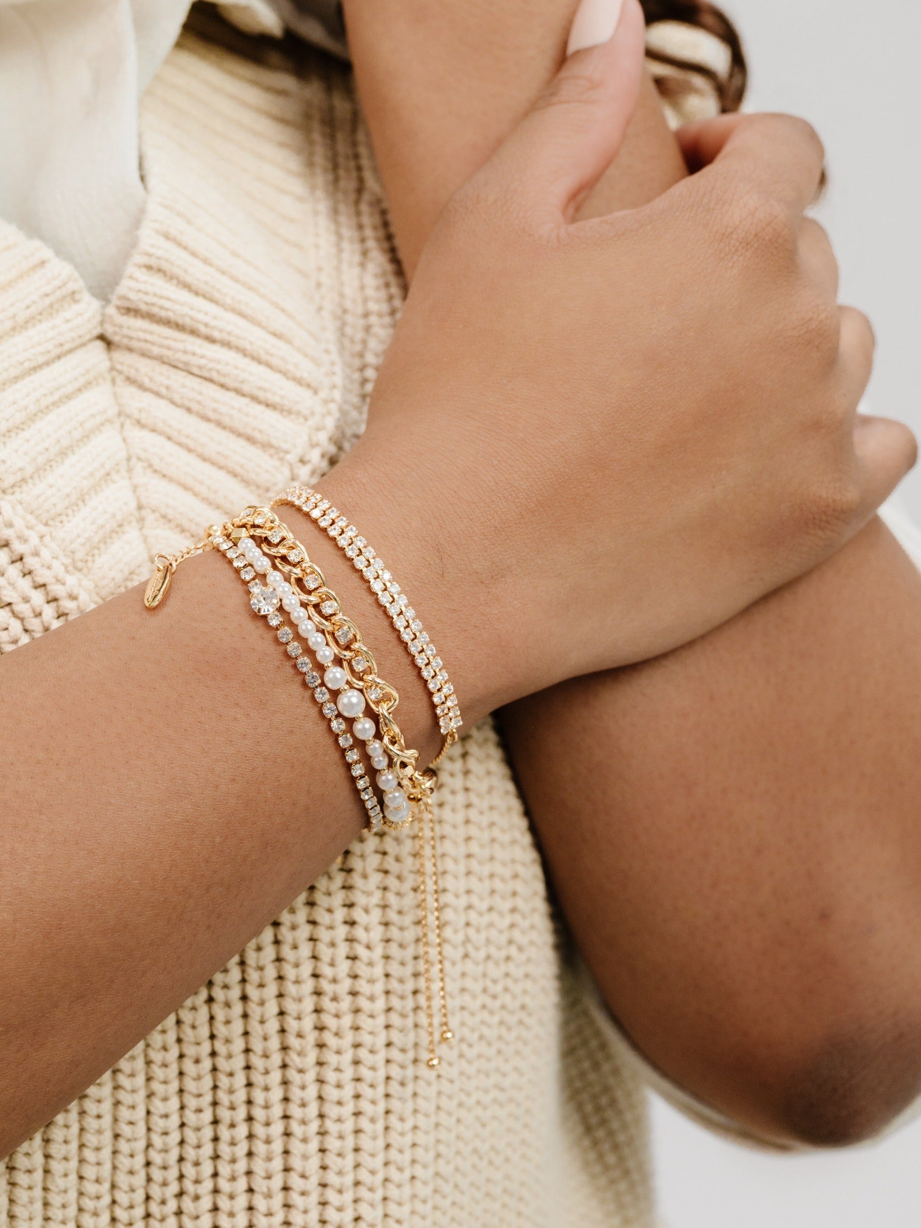 The Ultimate Pearl and Crystal Mixed Bracelet Stack on model