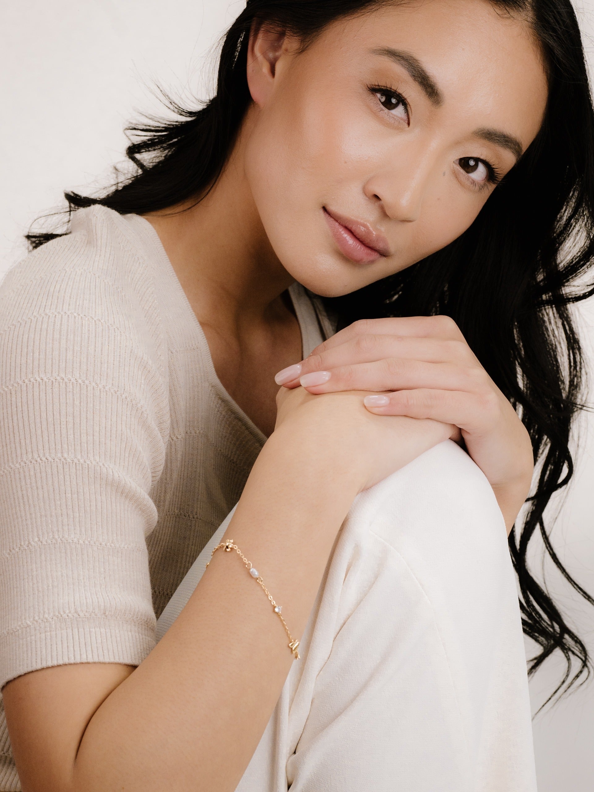 Subtle Butterflies and Pearl Bracelet on model 4
