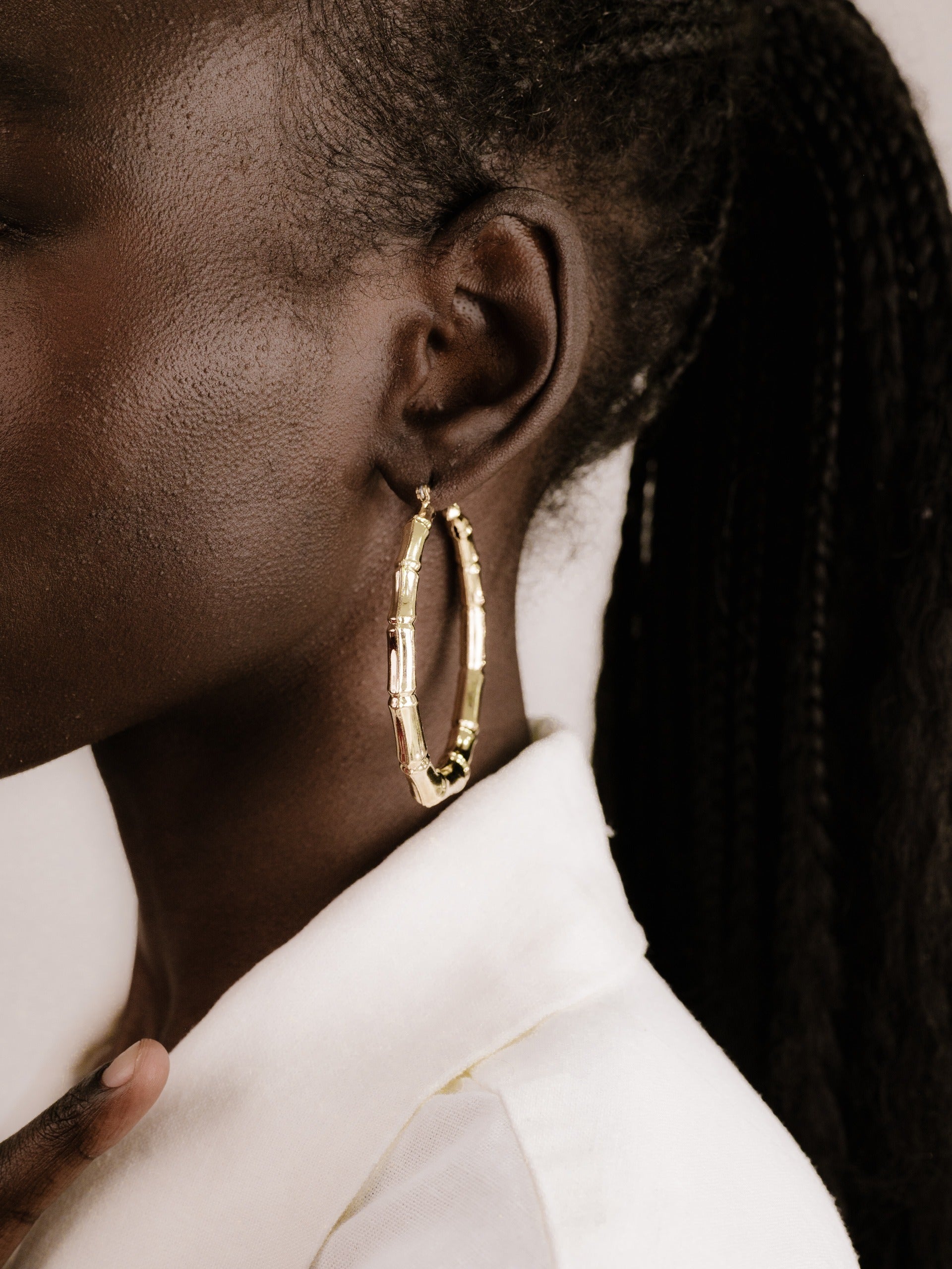 Bamboo Hoop Earrings on model 3