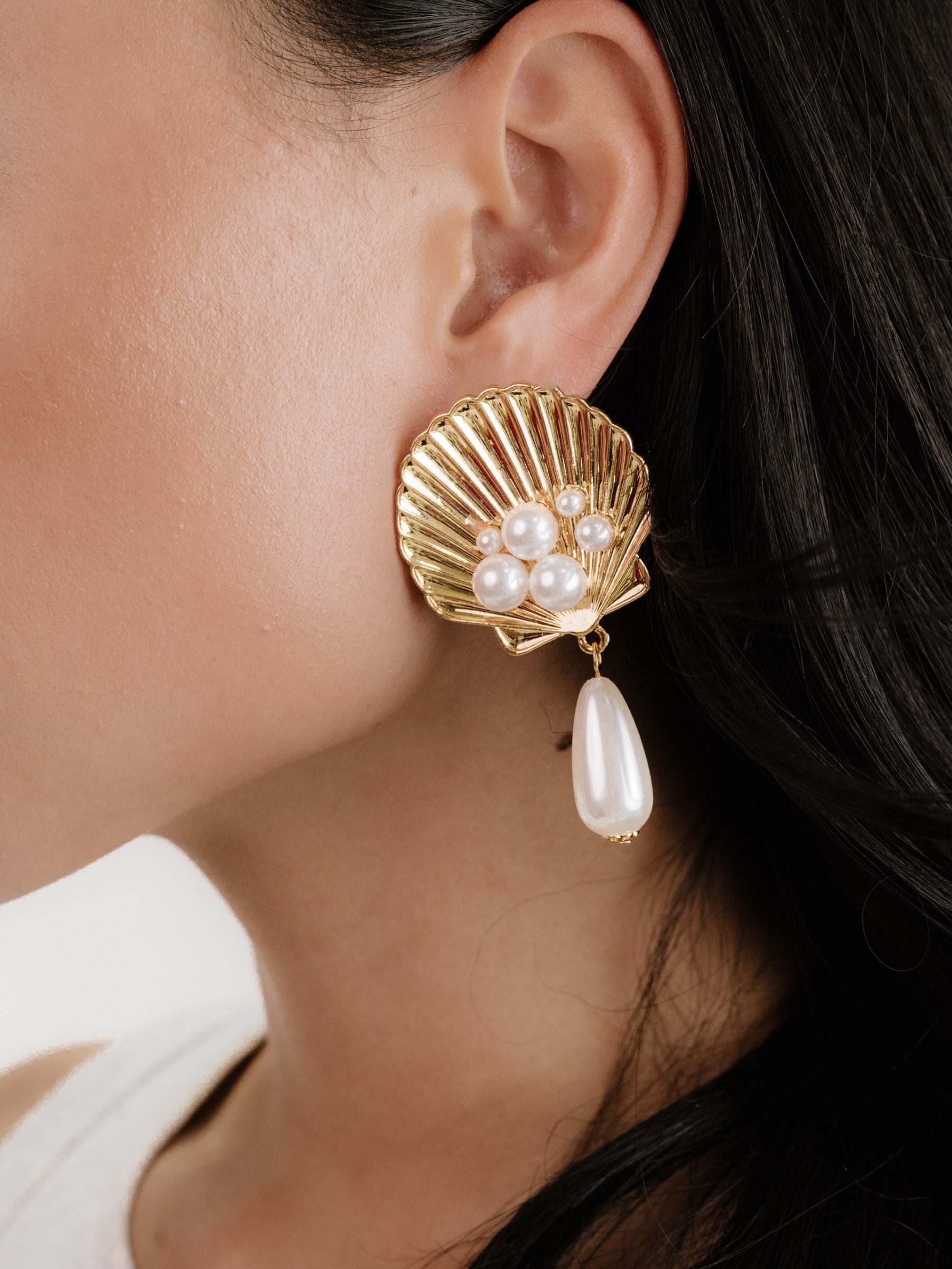 Golden Seashell Pearl Drop Earrings on model