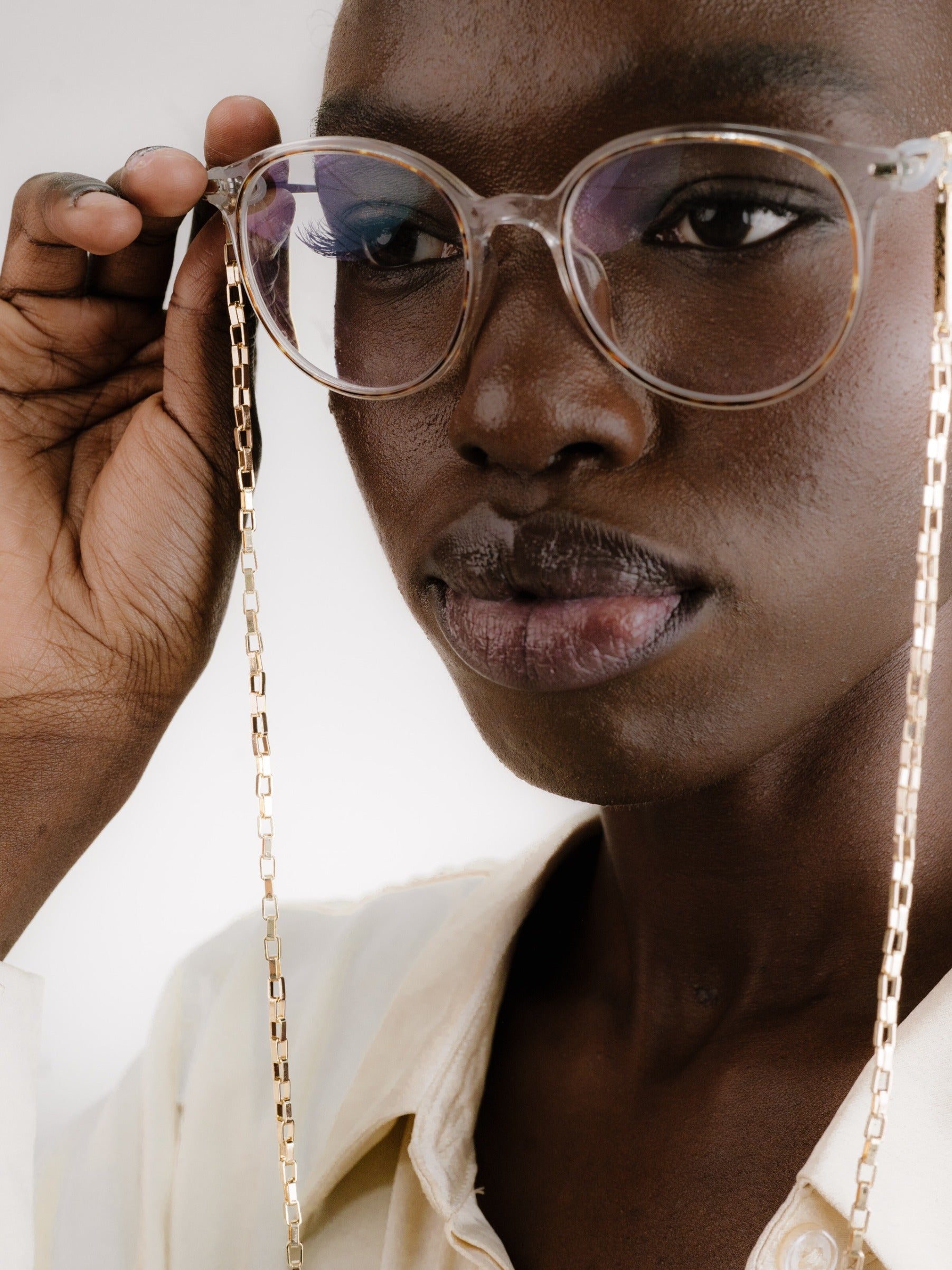 Golden Rays Rectangle Glasses Chain on model