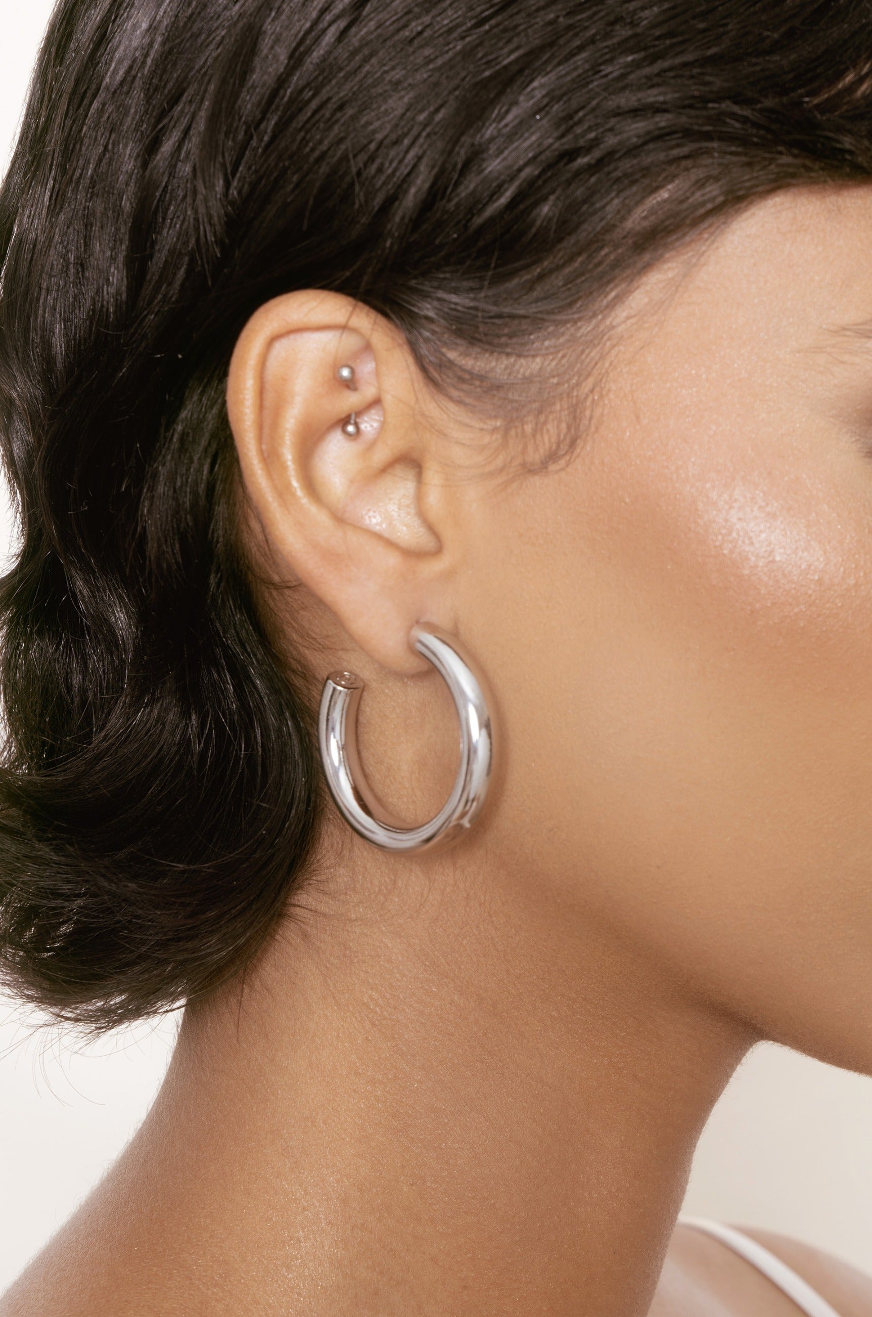 Medium Thick Classic Hoops on model 2