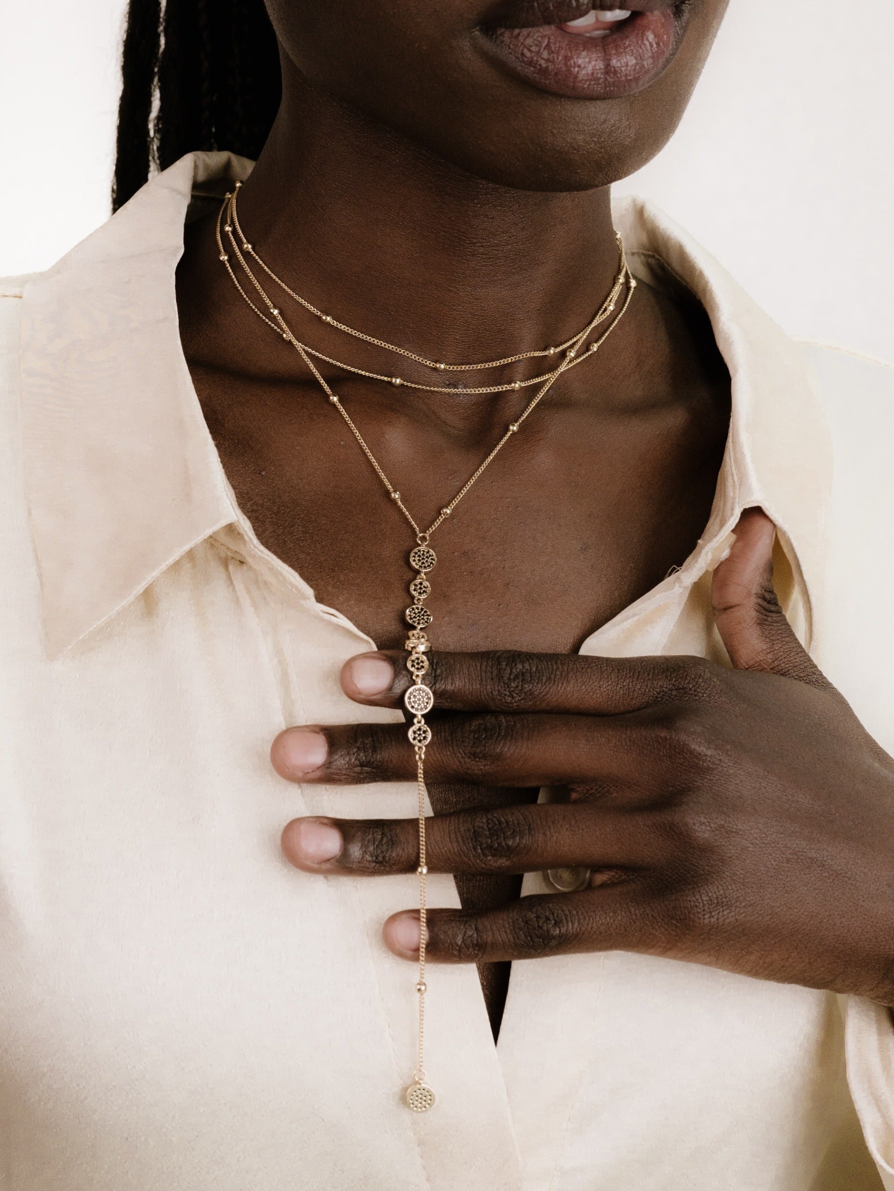 Bali Dreams Crystal Lariat Necklace on model
