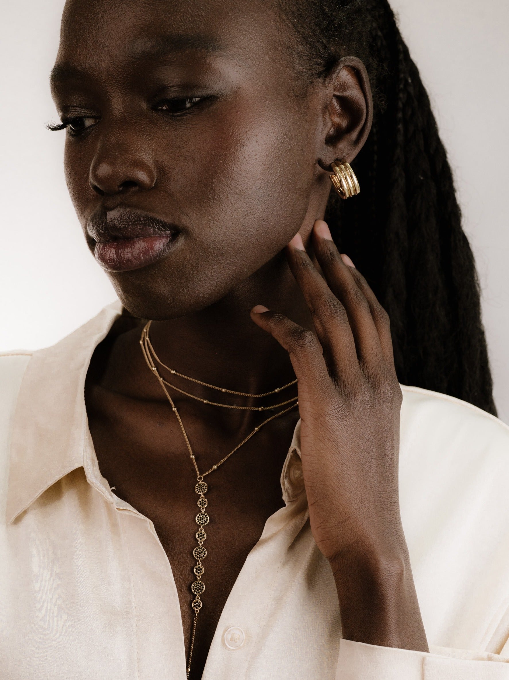 Bali Dreams Crystal Lariat Necklace on model 4