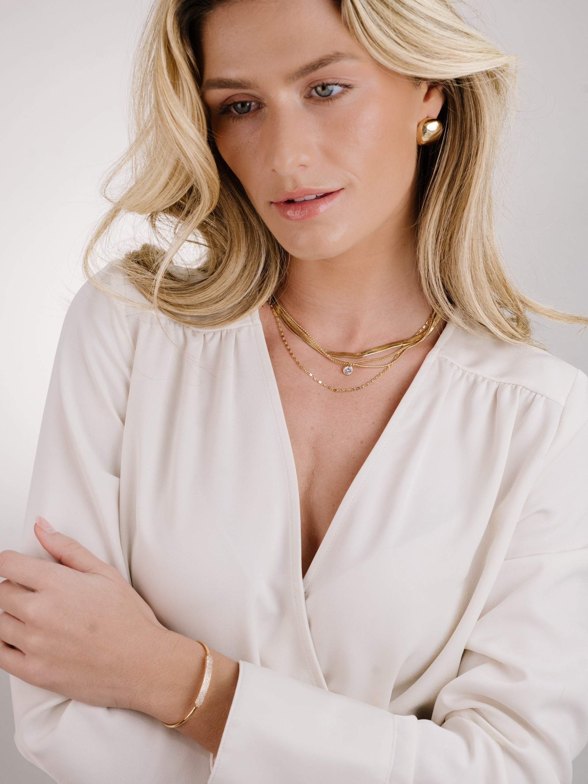 All the Chains Layered Necklace on model 2