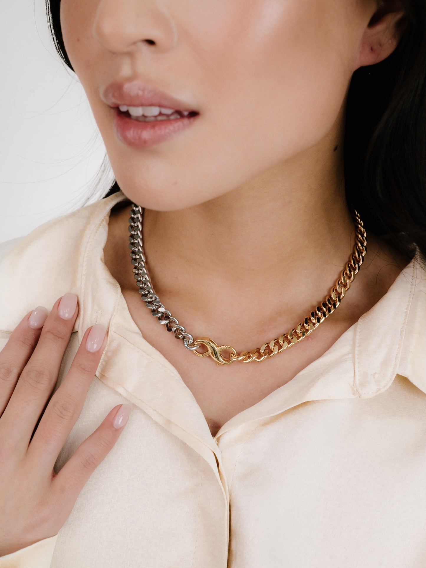Mixed Metal Chain Link Necklace on model 2