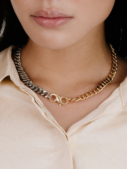 Mixed Metal Chain Link Necklace on model
