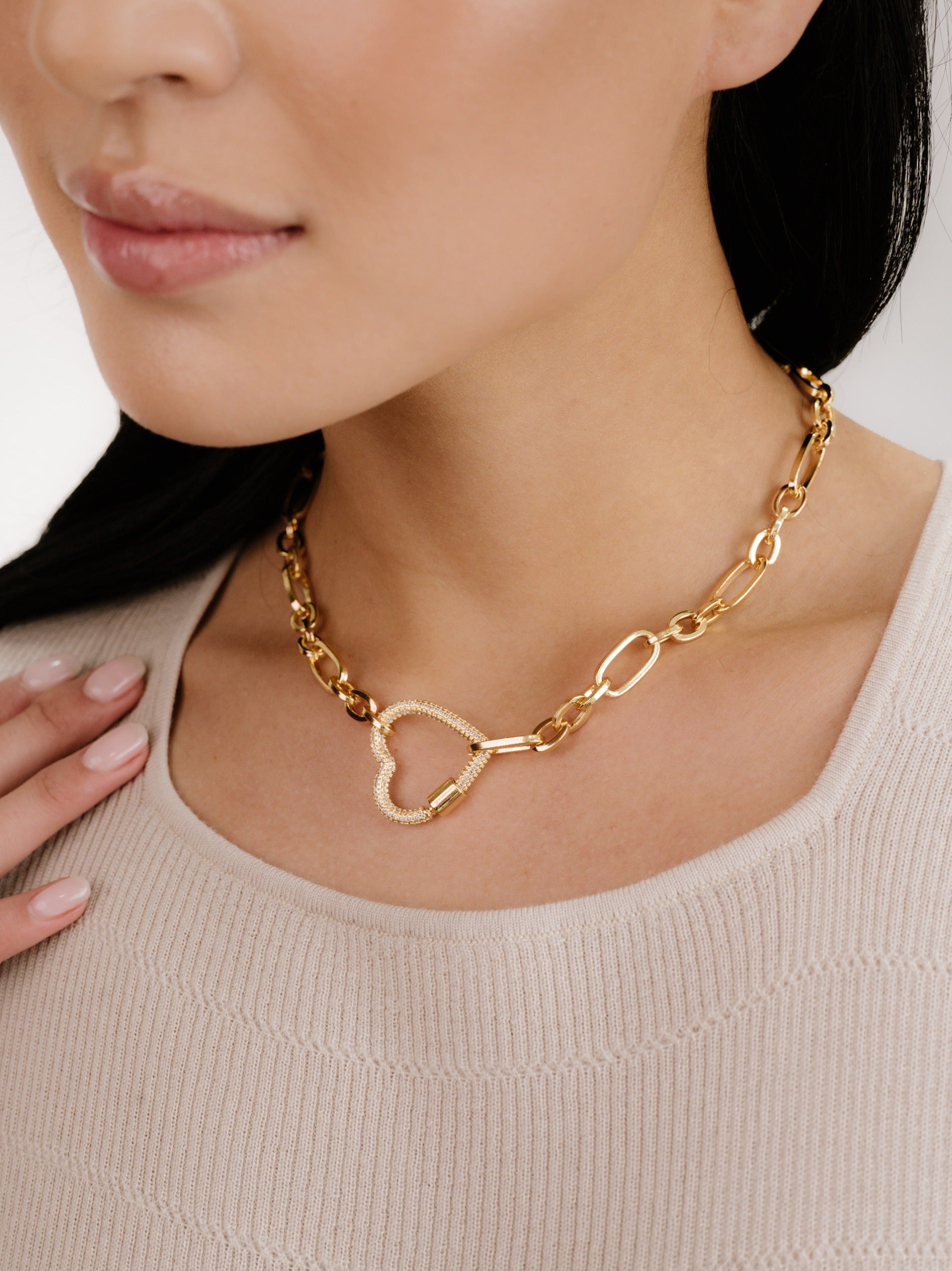 Open Heart Lock Necklace on model 4
