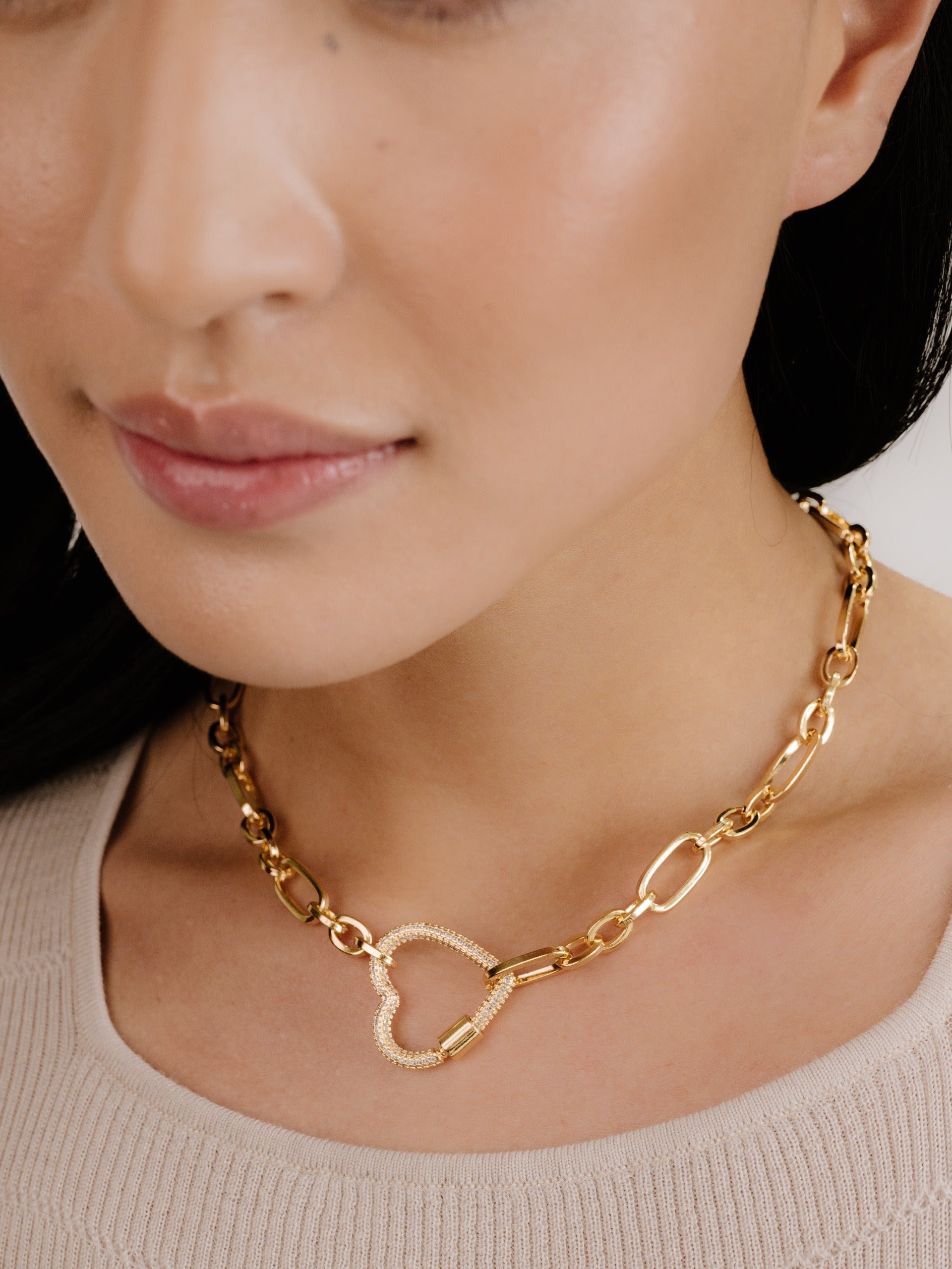 Open Heart Lock Necklace on model 5